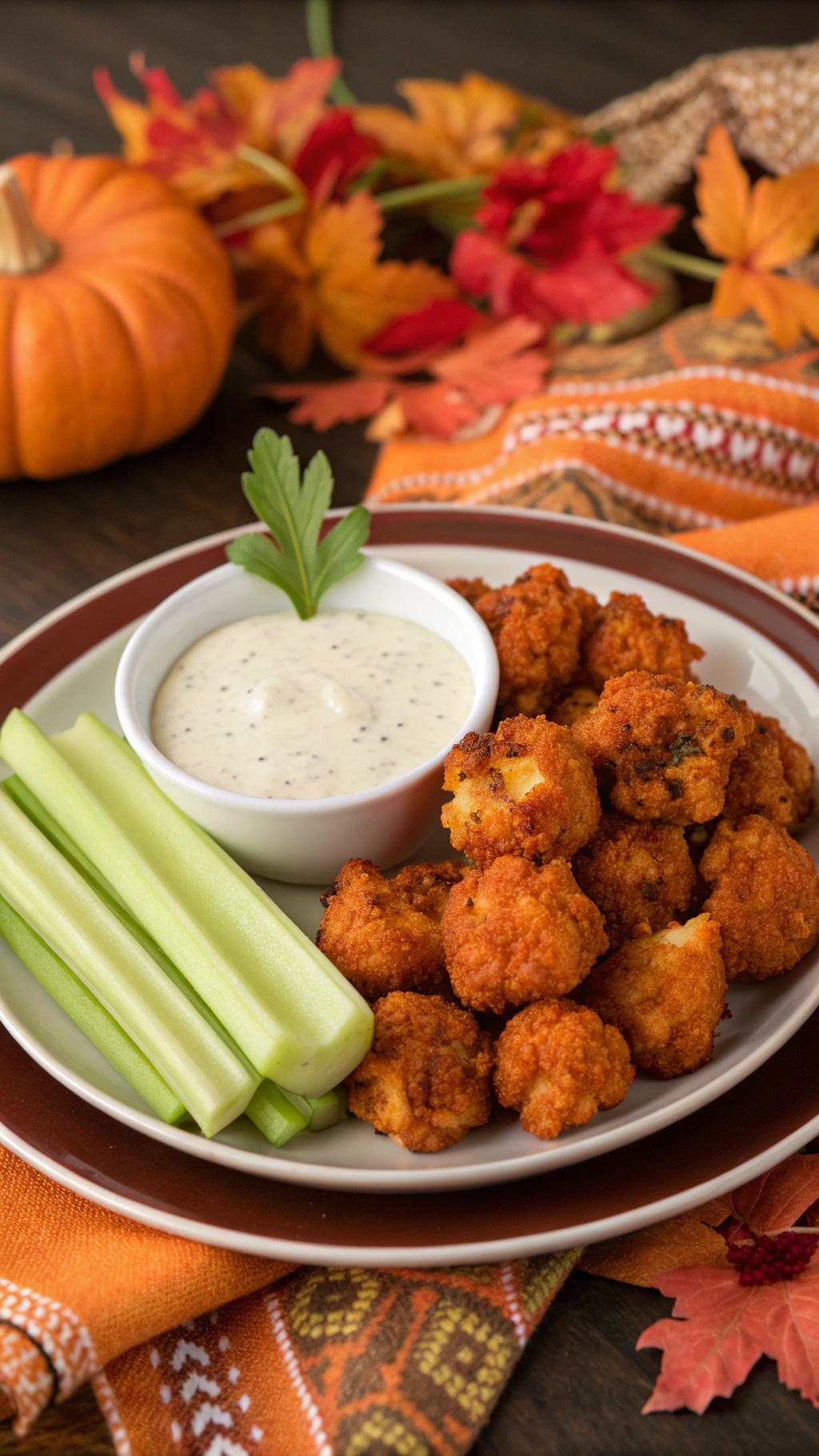 A plate of crispy buffalo cauliflower bites with celery sticks and dipping sauce, surrounded by autumn decorations.