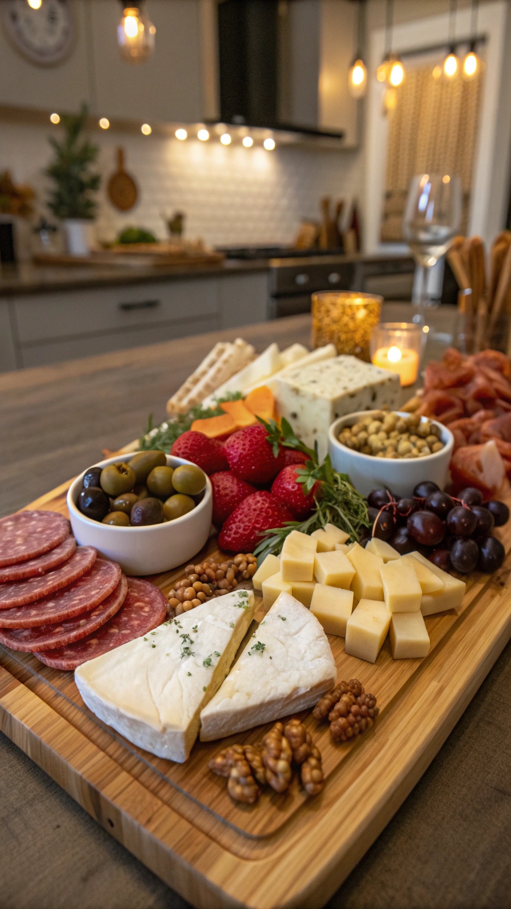 A beautifully arranged cheese and charcuterie board with various cheeses, meats, fruits, and nuts.