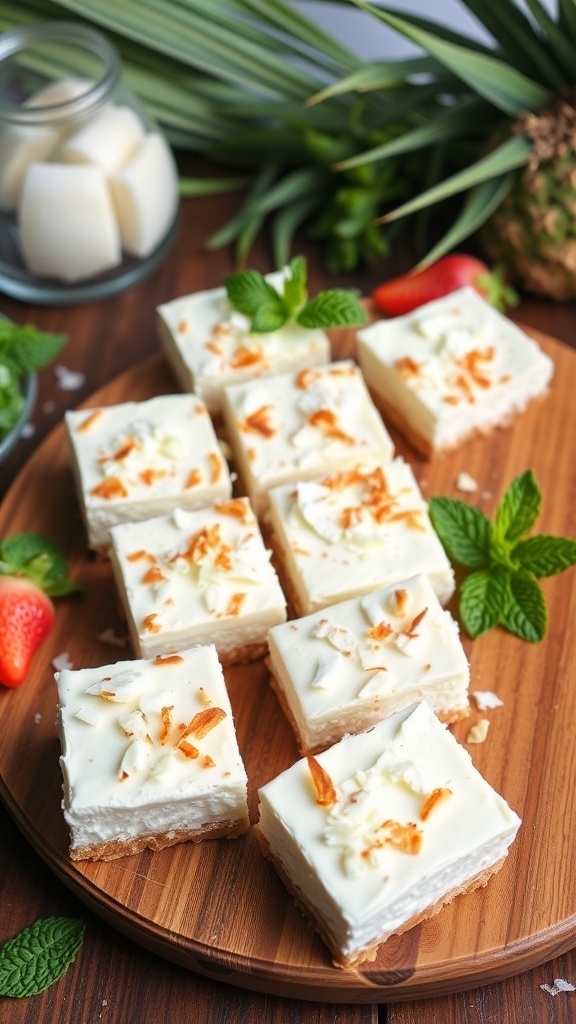 A platter of coconut cream pie bars garnished with mint leaves and toasted coconut.