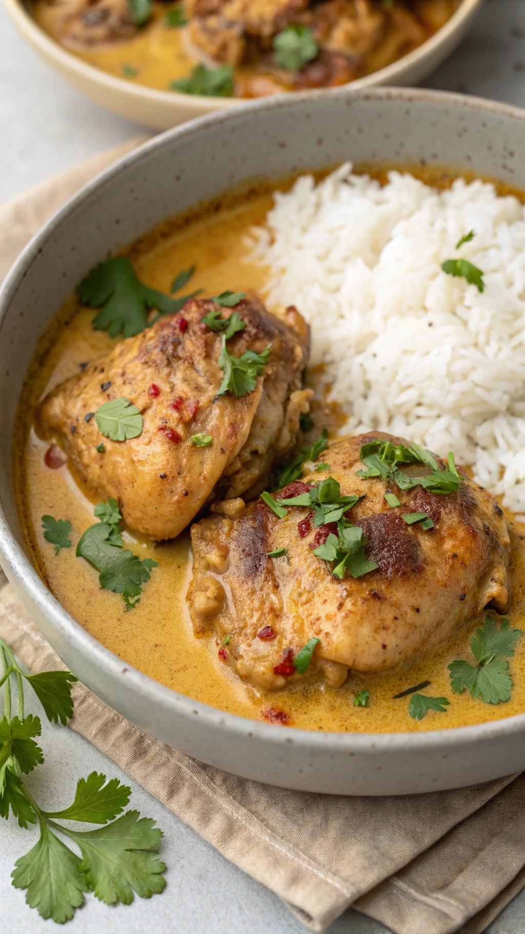 Coconut milk braised chicken thighs served with rice and garnished with cilantro