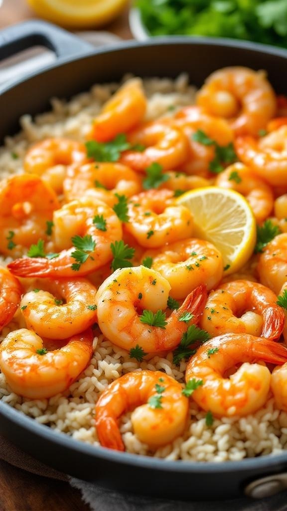 A delicious plate of garlic butter shrimp served over rice, garnished with parsley and lemon.