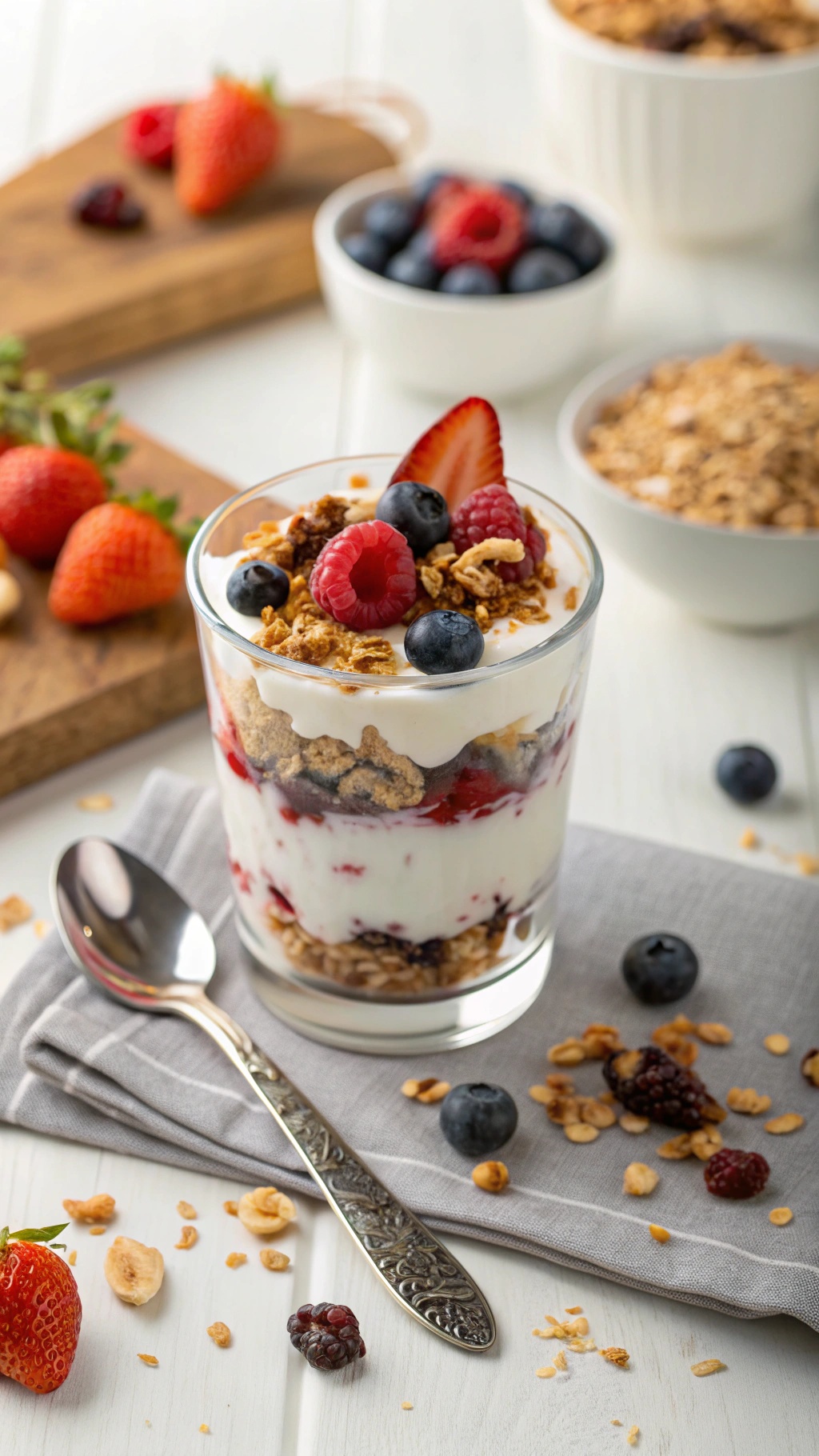 A delicious Greek yogurt parfait with layers of yogurt, mixed berries, granola, and nuts