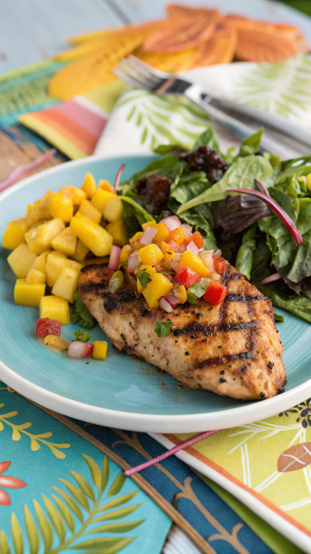 Grilled chicken breast topped with mango salsa, served with a side of greens and diced mango on a colorful plate.