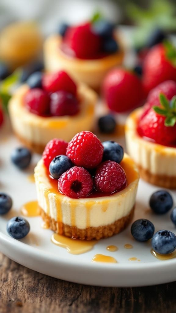 Delicious high-protein cheesecake bites topped with fresh raspberries and blueberries.