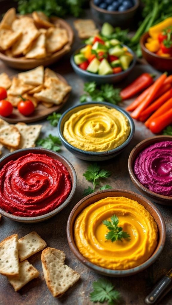 A colorful display of various hummus dips with pita chips and fresh vegetables.