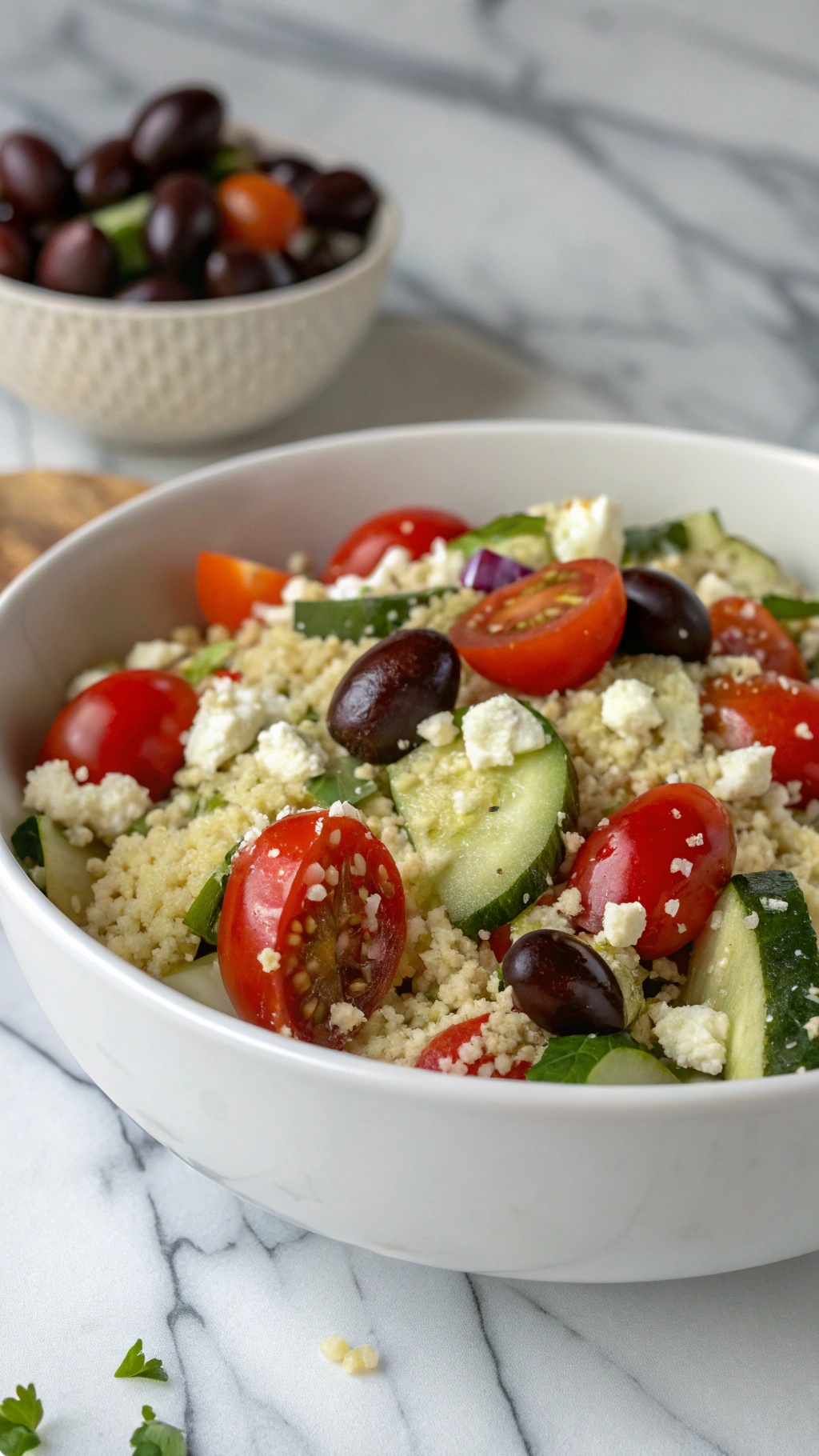 A bowl of Mediterranean Couscous Salad with cherry tomatoes, cucumbers, olives, and feta cheese.