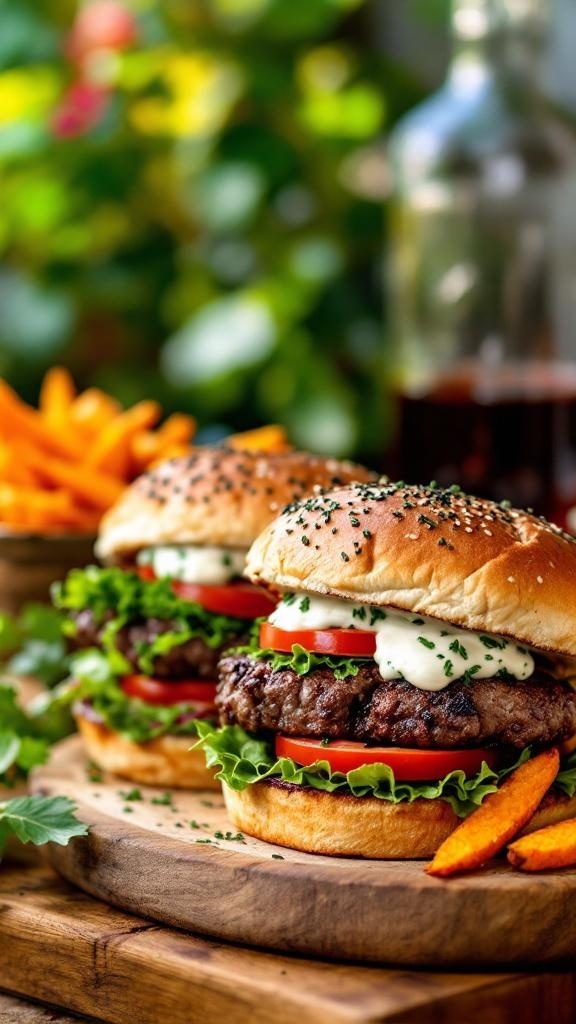 Mediterranean lamb burgers with tzatziki sauce, fresh vegetables, and sweet potato fries