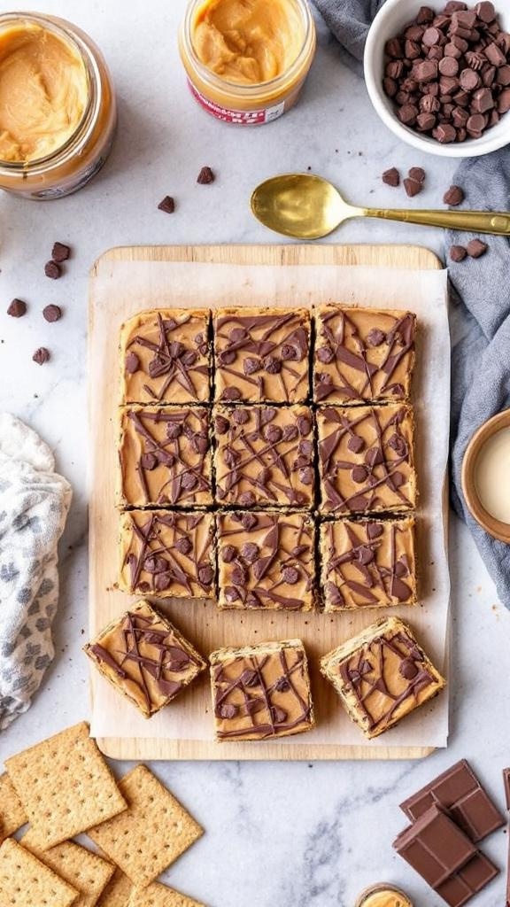No-bake peanut butter bars with chocolate chips on a wooden board