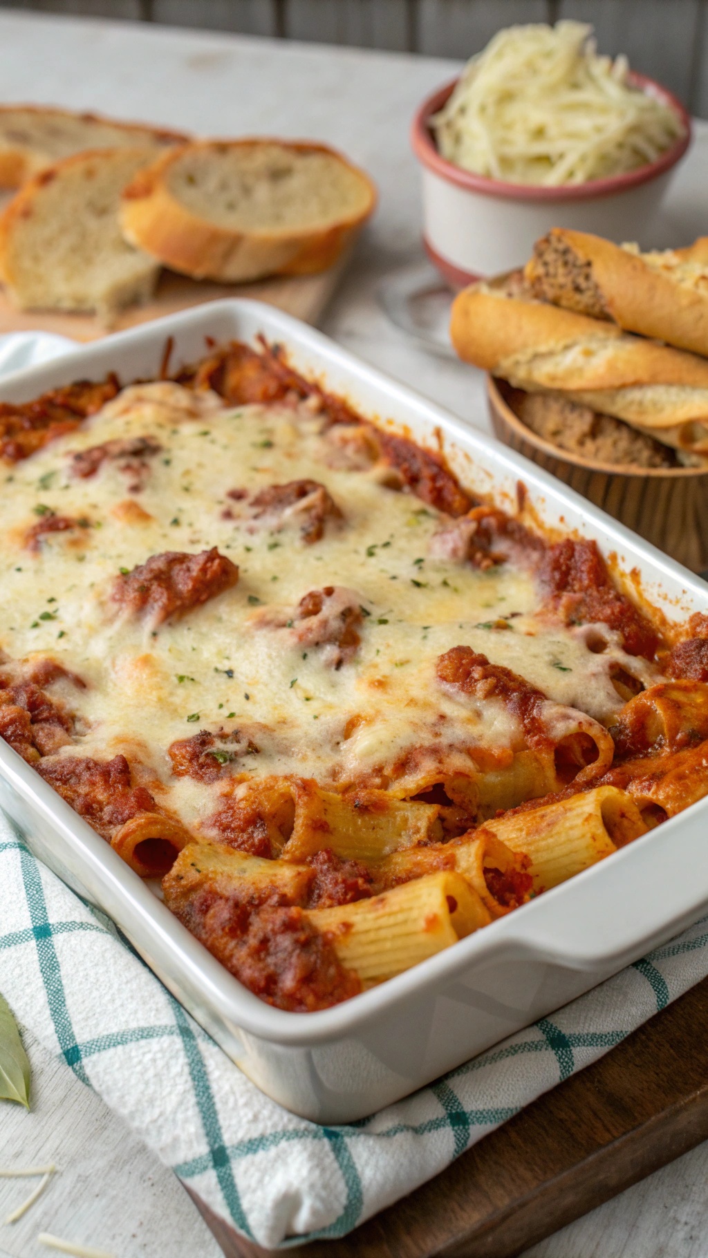 A tray of baked ziti with melted cheese, served with garlic bread.