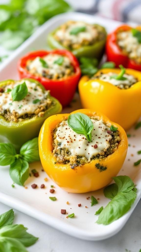 Colorful stuffed peppers filled with pesto and cheese, garnished with fresh basil.