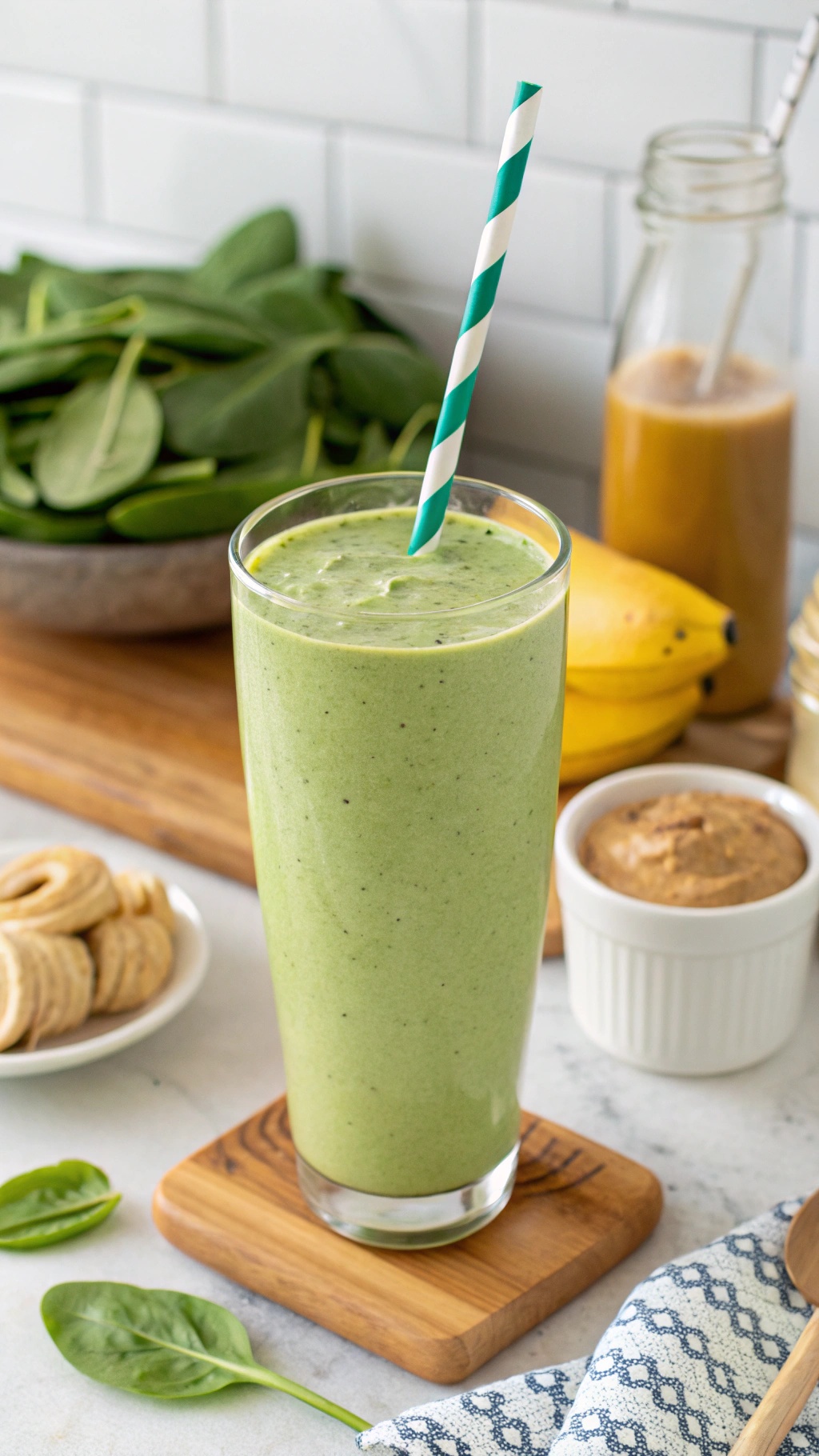 A green protein smoothie in a glass with a straw, surrounded by spinach, bananas, and peanut butter.