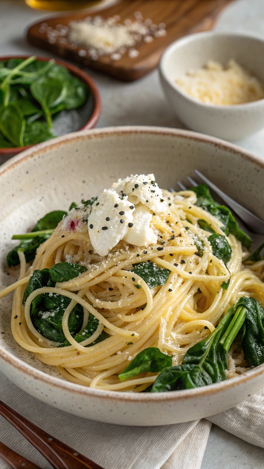 A bowl of spaghetti with spinach and ricotta topped with cheese