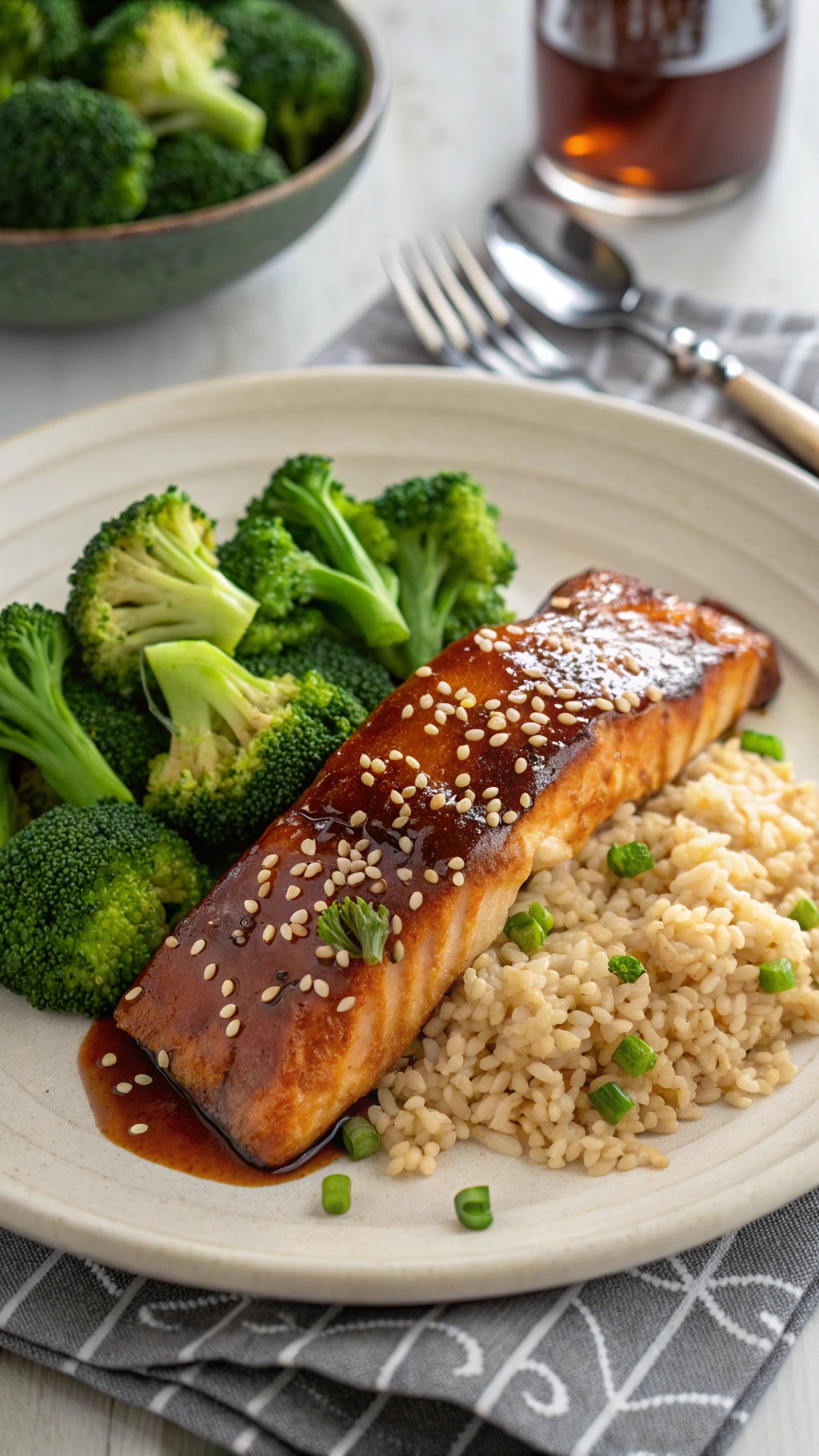 A plate of teriyaki salmon with broccoli and brown rice, garnished with sesame seeds and green onions.