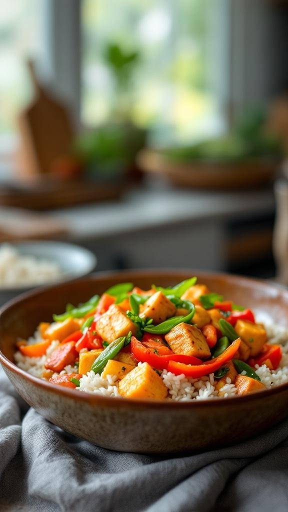 A colorful tofu stir-fry with bell peppers and green beans served over rice.