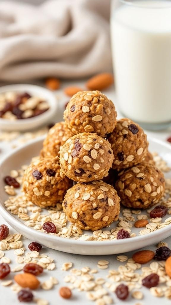 A plate of oatmeal raisin protein balls surrounded by oats and almonds, with a glass of milk in the background.