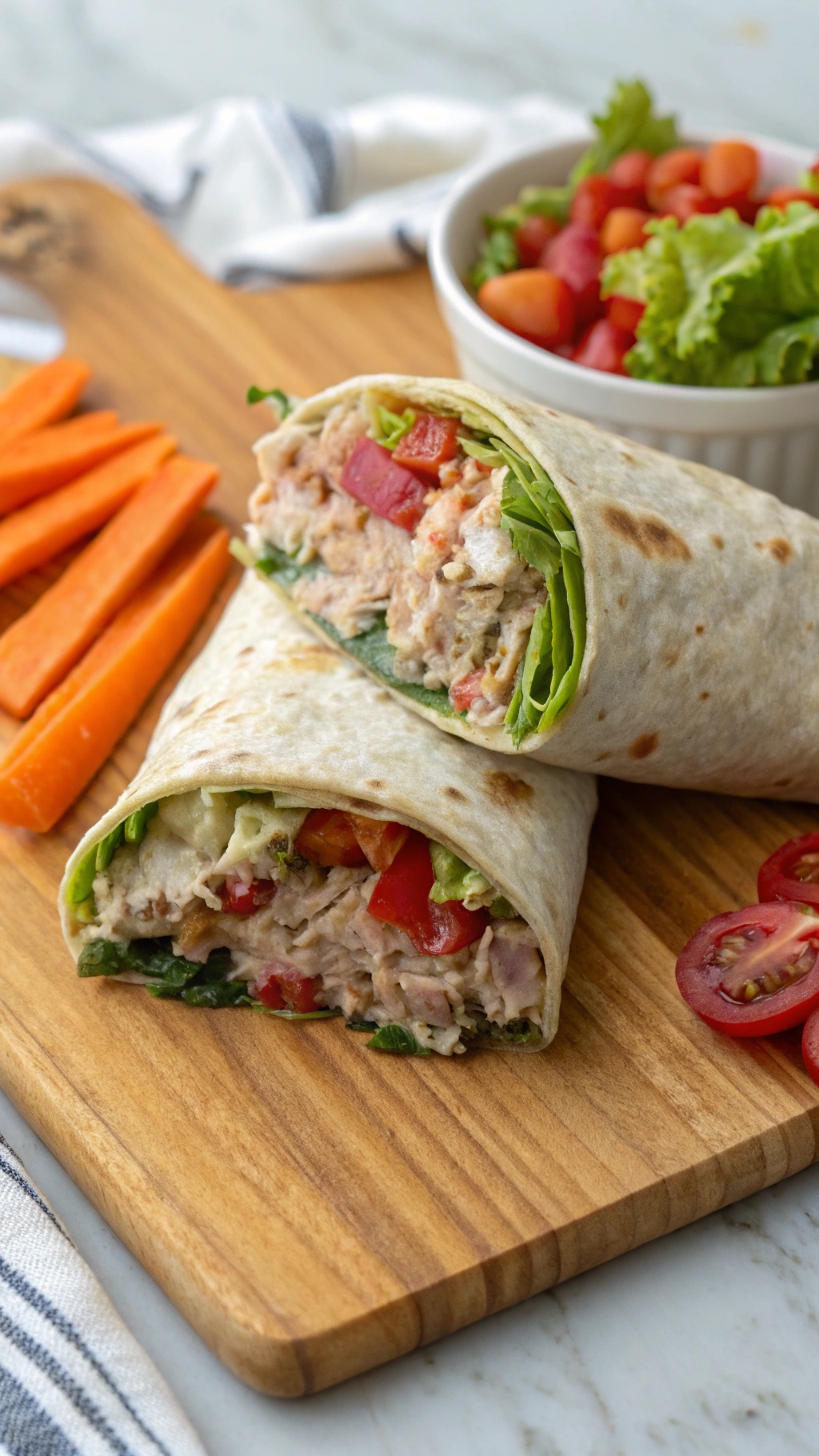 Tuna salad wraps with vegetables and carrot sticks on a wooden board.
