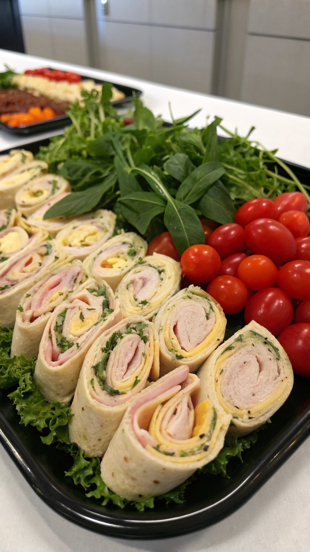 A platter of turkey and cheese roll-ups with fresh greens and cherry tomatoes.