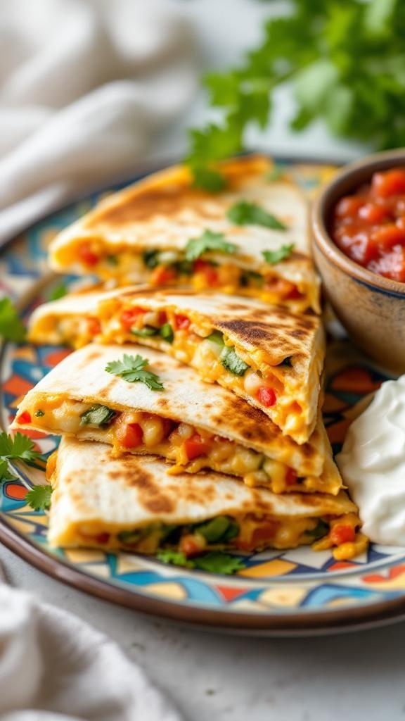 Delicious vegetable quesadillas served with salsa and sour cream