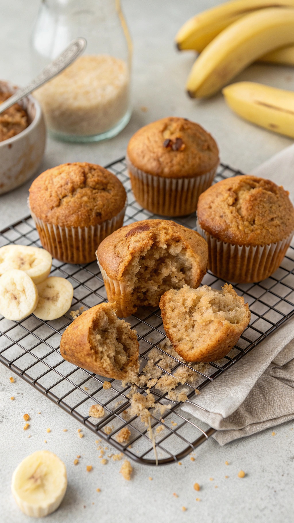 Whole wheat banana muffins on a cooling rack with bananas in the background.