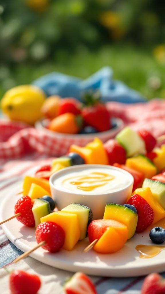 A plate of colorful fruit skewers with a yogurt dip, set on a picnic blanket.