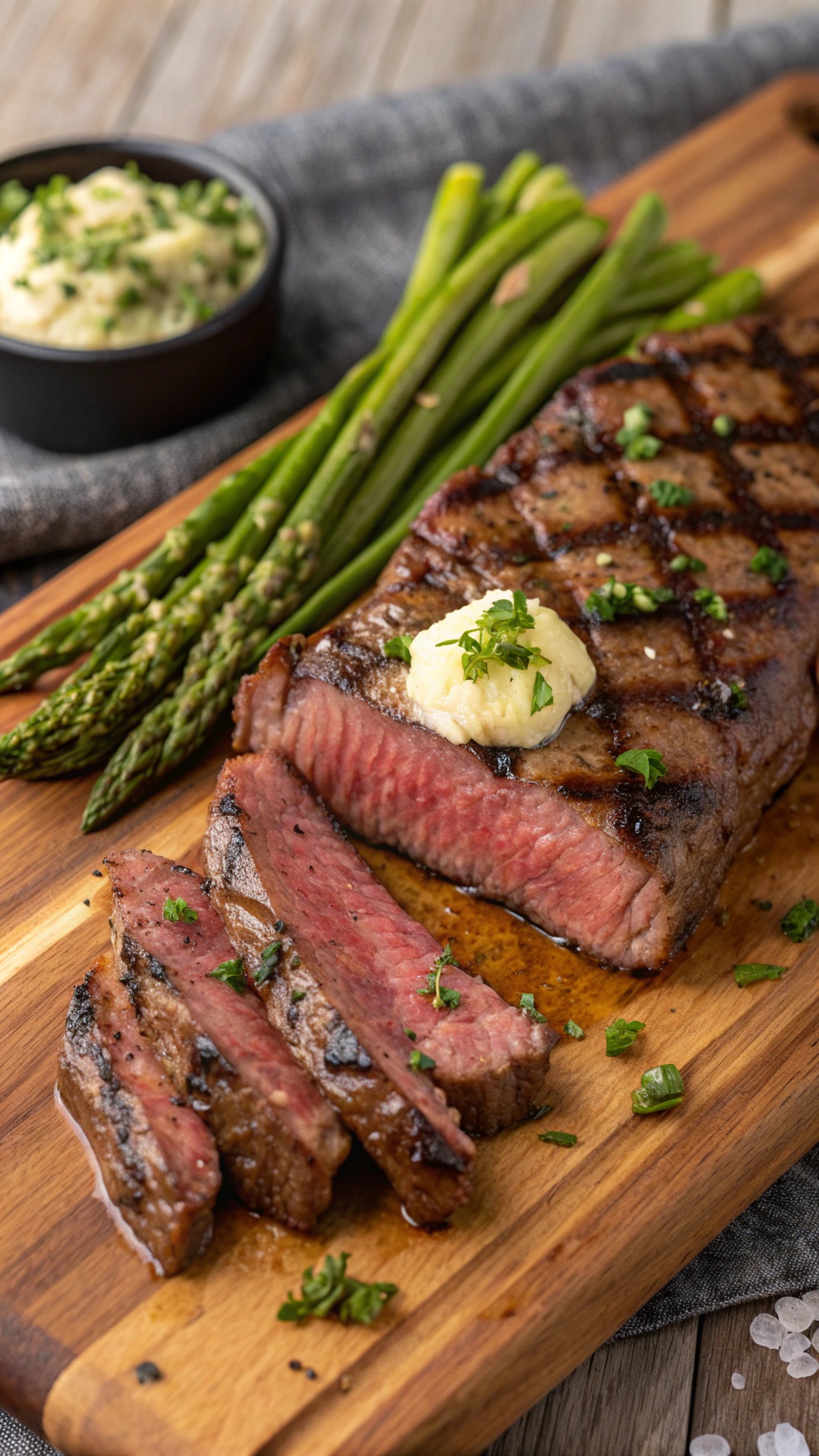 Grilled garlic butter steak with asparagus on a wooden cutting board.