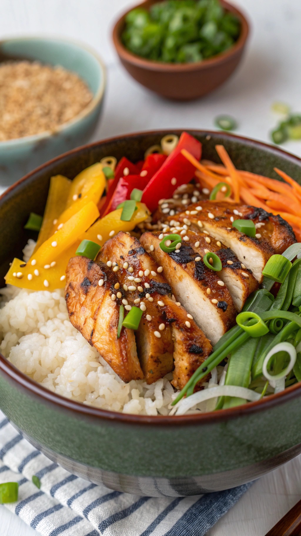 A colorful teriyaki chicken bowl with grilled chicken, rice, and mixed vegetables.