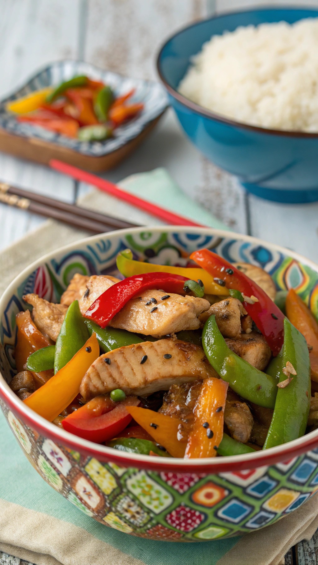 A colorful bowl of teriyaki chicken stir-fry with bell peppers and snap peas, served with rice.