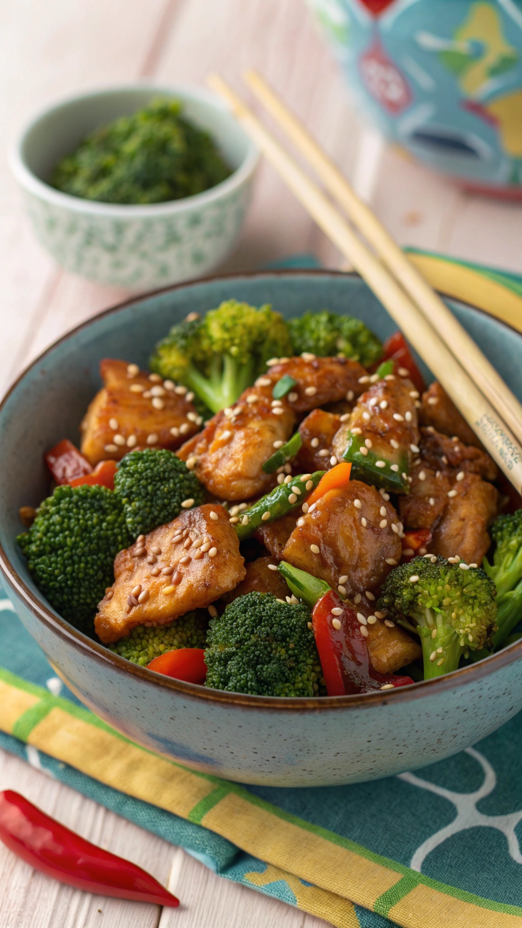 A bowl of teriyaki chicken with broccoli stir-fry, featuring colorful vegetables and sesame seeds.
