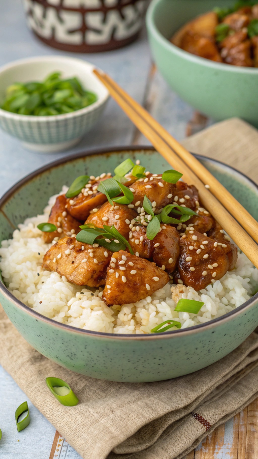 A bowl of teriyaki chicken served over cauliflower rice, garnished with green onions and sesame seeds.