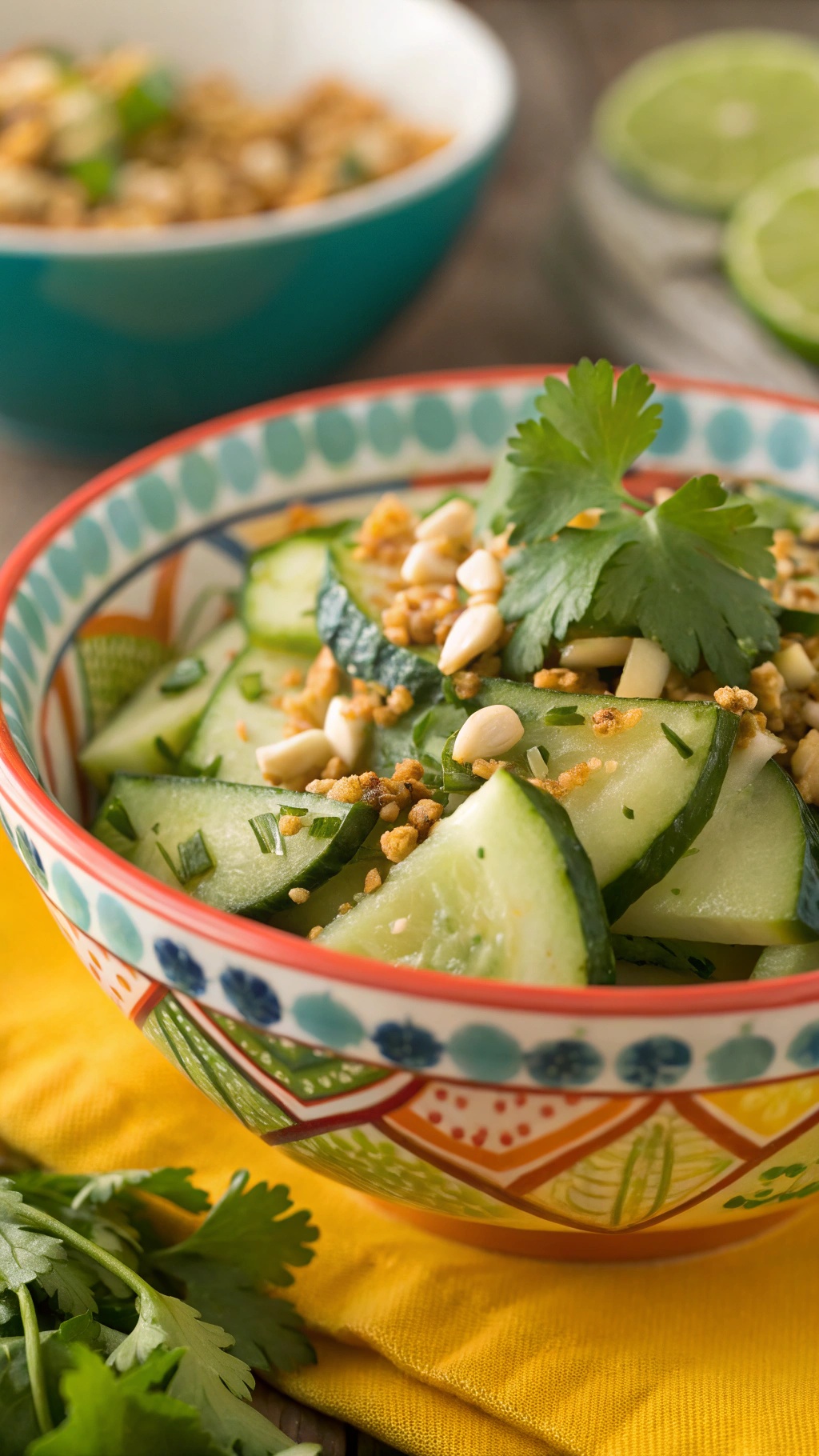 A colorful bowl of Thai cucumber salad with peanuts, garnished with cilantro, served on a yellow napkin.
