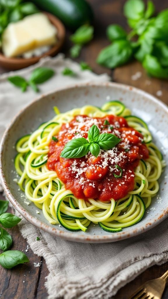A plate of zucchini noodles topped with marinara sauce and fresh basil