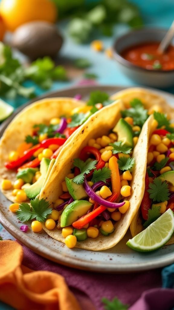 Colorful veggie tacos filled with corn, peppers, and avocado, garnished with cilantro and lime.