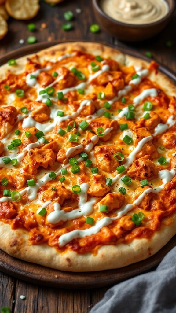 A delicious buffalo chicken pizza topped with green onions and drizzled with ranch dressing.
