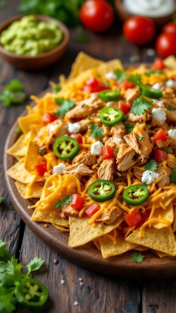 A plate of zesty nachos topped with grilled chicken, cheese, jalapeños, tomatoes, and cilantro.