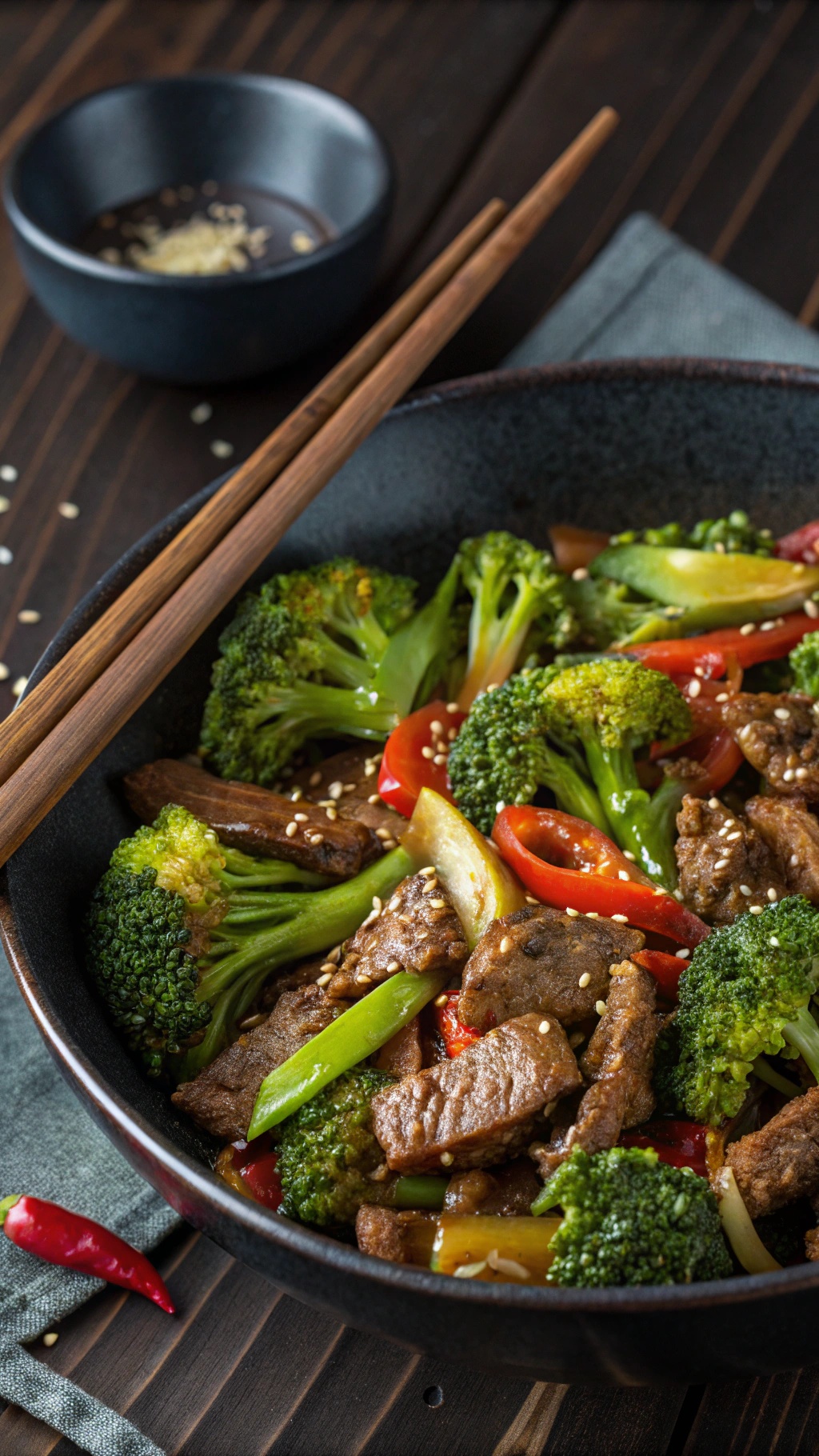 A bowl of spicy beef and broccoli stir-fry with colorful vegetables and chopsticks