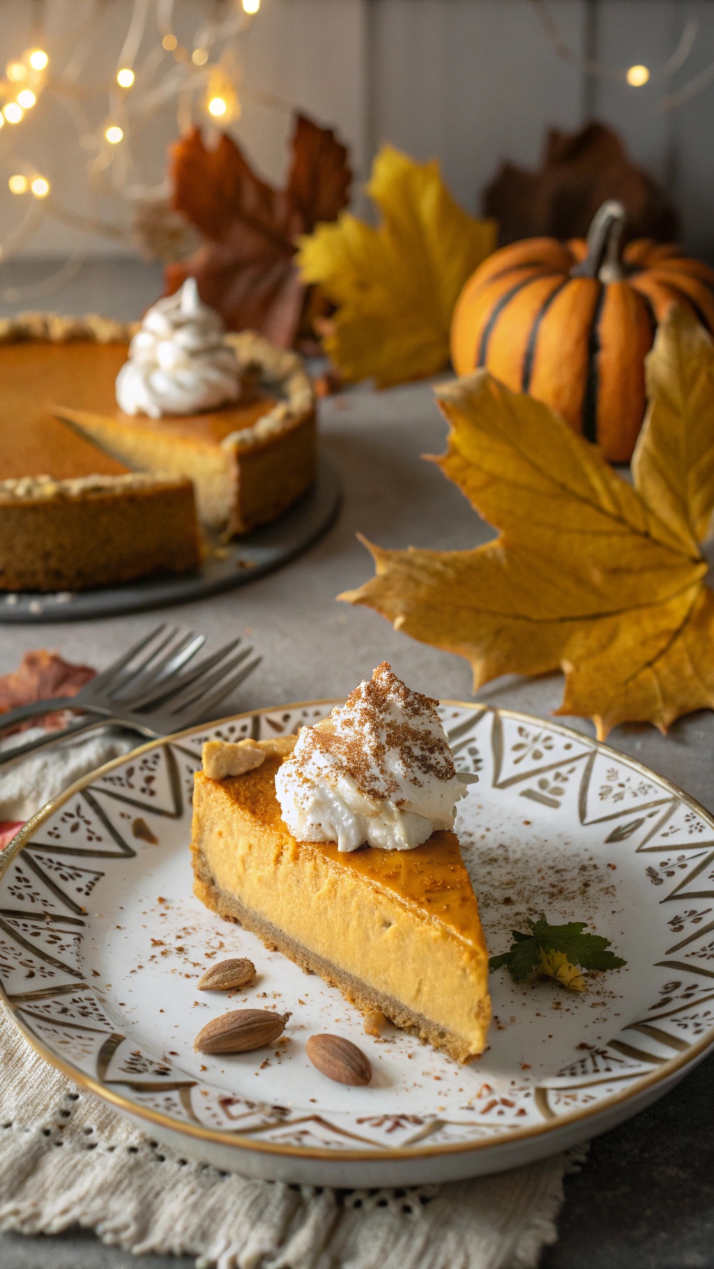 A slice of vegan pumpkin cheesecake topped with whipped cream and cinnamon, served on a decorative plate with fall leaves and a pumpkin in the background.