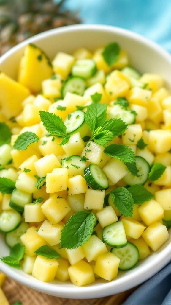 A bowl of tropical cucumber salad with pineapple, garnished with mint leaves.