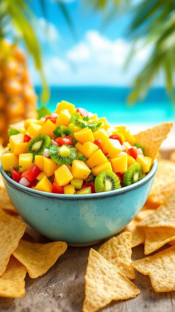 A colorful bowl of tropical fruit salsa with diced mango, kiwi, and red bell pepper, surrounded by tortilla chips.
