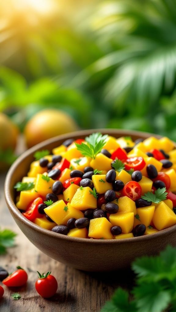 A colorful bowl of Tropical Mango and Black Bean Salad with diced mango, black beans, cherry tomatoes, and cilantro.