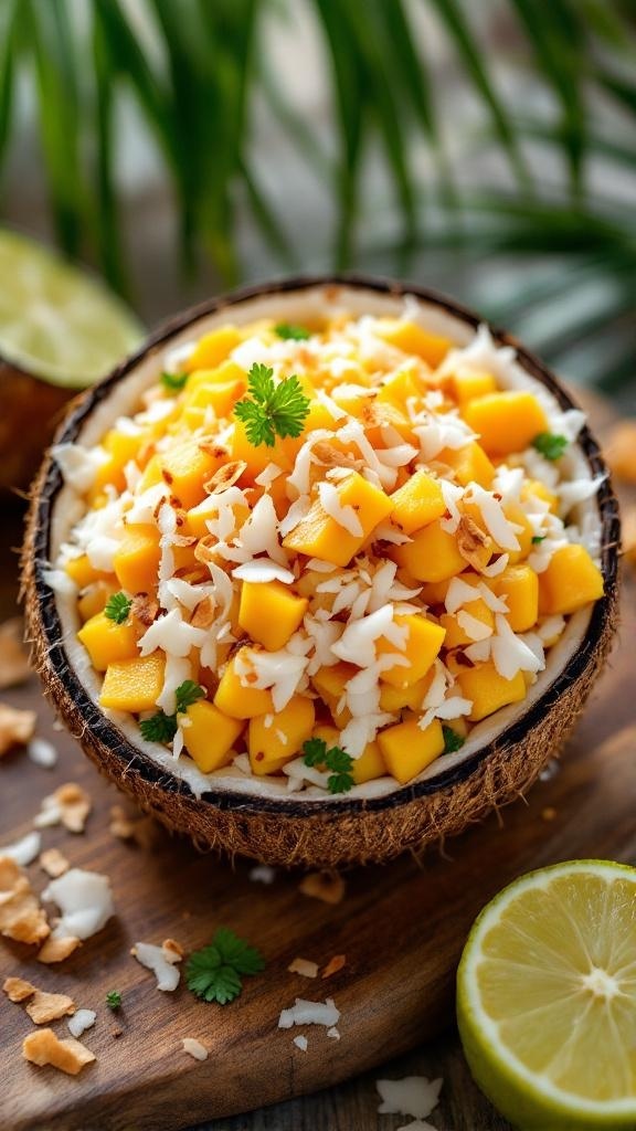 A vibrant tropical mango and coconut salad served in a coconut shell, garnished with lime and cilantro.