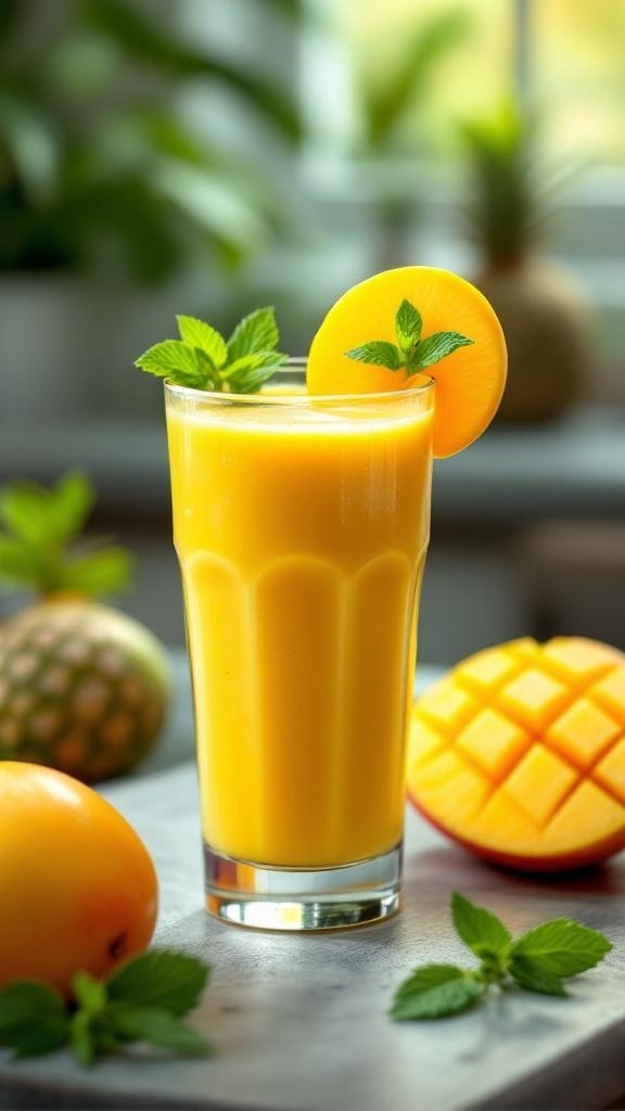 A refreshing tropical mango protein smoothie in a glass, garnished with a slice of mango and mint leaves, with whole mangoes and mint in the background.