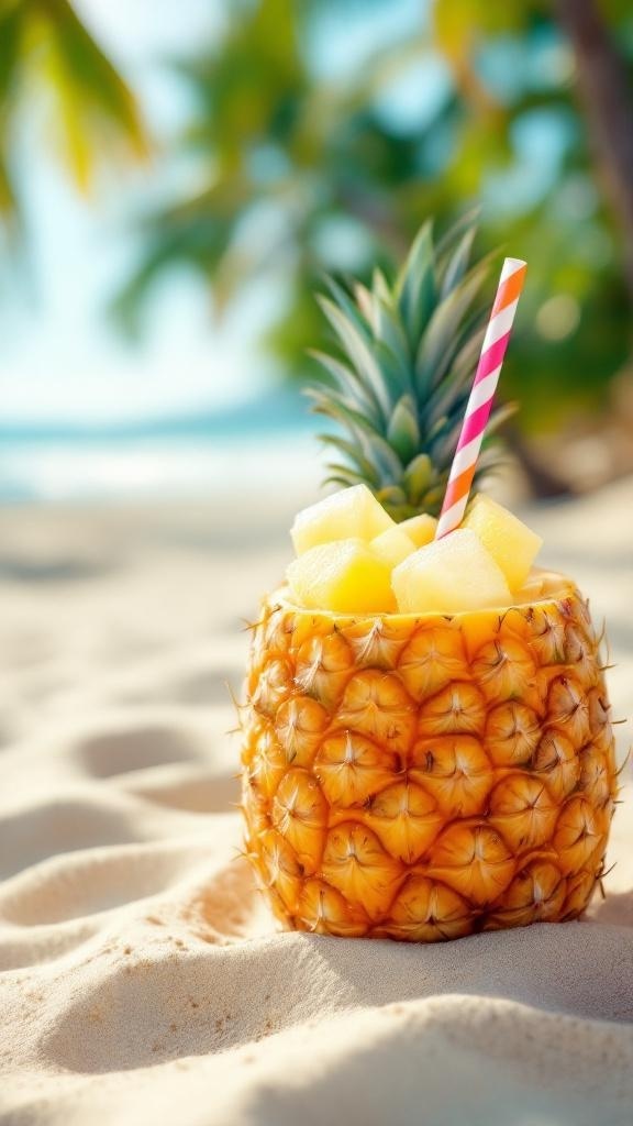 A refreshing Tropical Pineapple Cooler served in a hollowed pineapple with a straw and fresh pineapple chunks on a sandy beach.