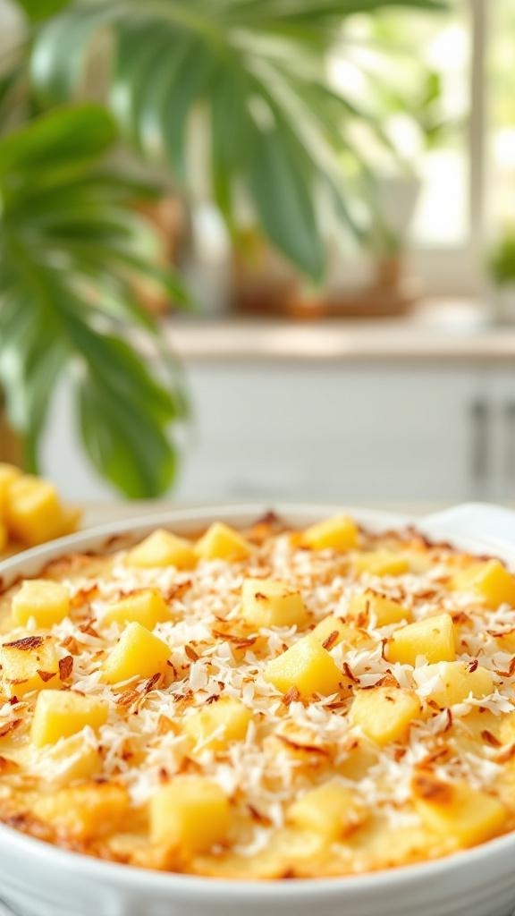 A delicious coconut and pineapple breakfast casserole topped with toasted coconut and pineapple chunks.