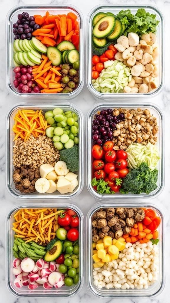 Colorful meal prep containers filled with various fruits, vegetables, and proteins for weekly meal planning.