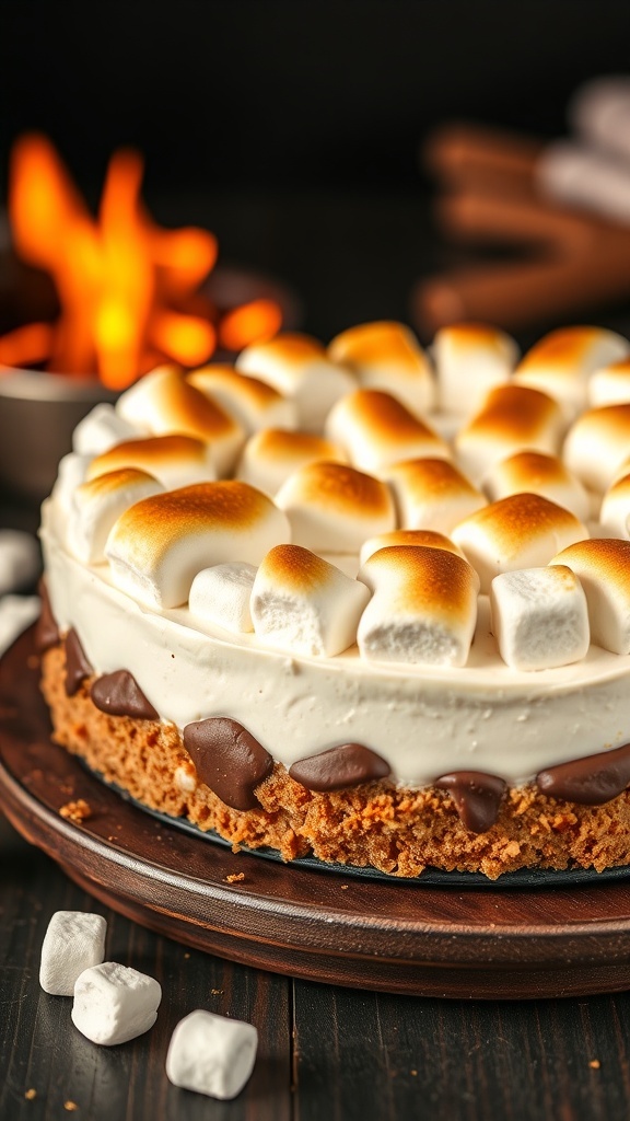 A delicious no-bake s'mores cheesecake topped with toasted marshmallows, sitting on a wooden platter with a campfire in the background.