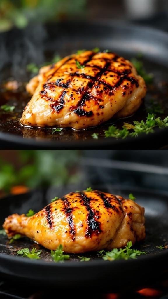 Grilled chicken thighs on a black plate with herbs