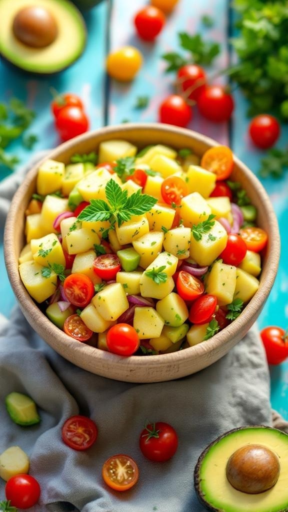 A bowl of vegan avocado potato salad with diced potatoes, cherry tomatoes, and fresh herbs.