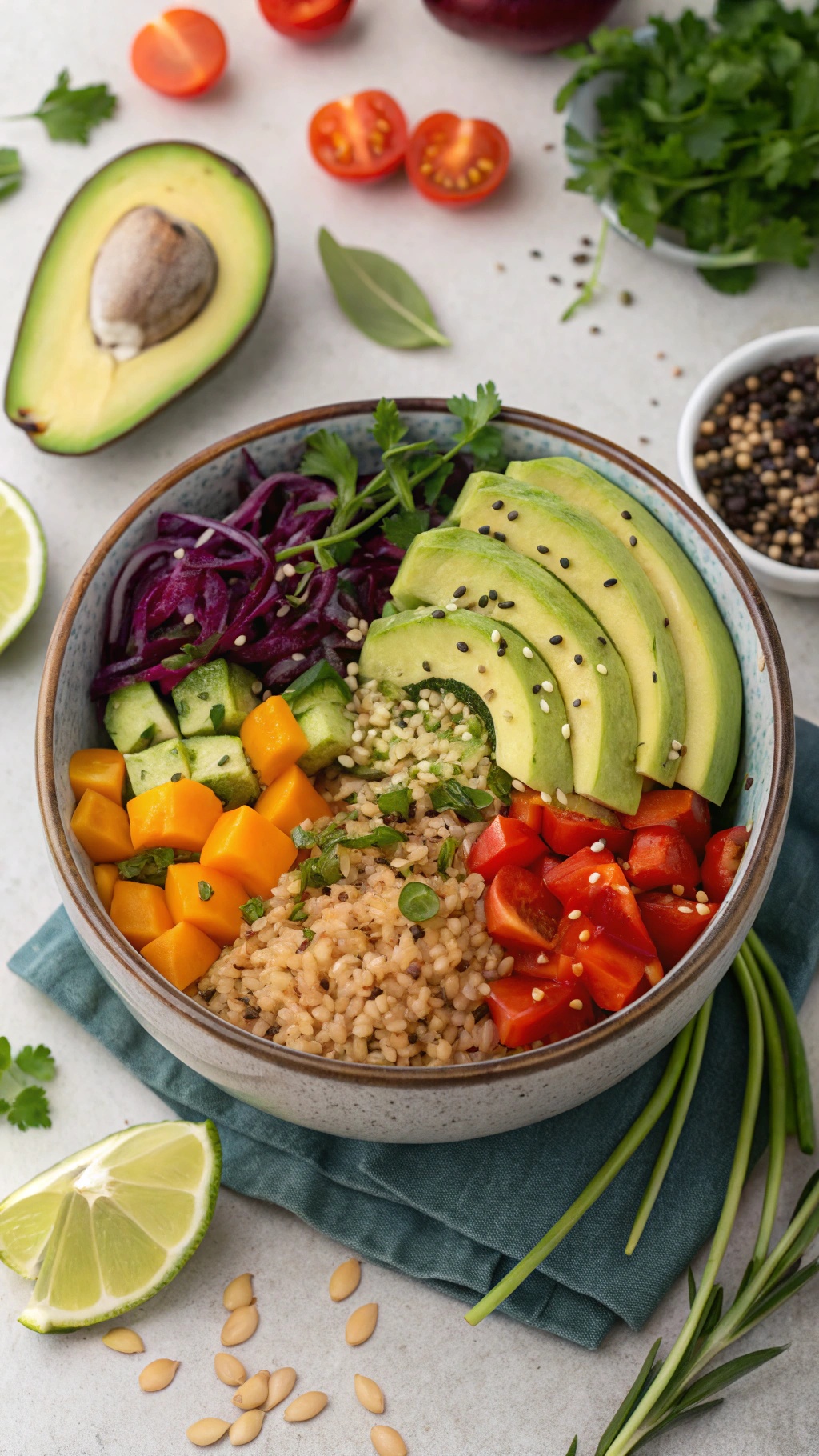 A colorful vegan Buddha bowl with brown rice, avocado, cherry tomatoes, cucumber, purple cabbage, and mango.