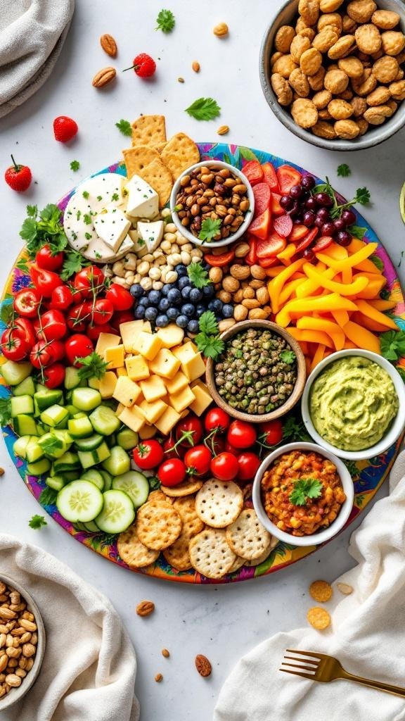 A vibrant vegan charcuterie board featuring fresh vegetables, fruits, nuts, vegan cheese, and dips.