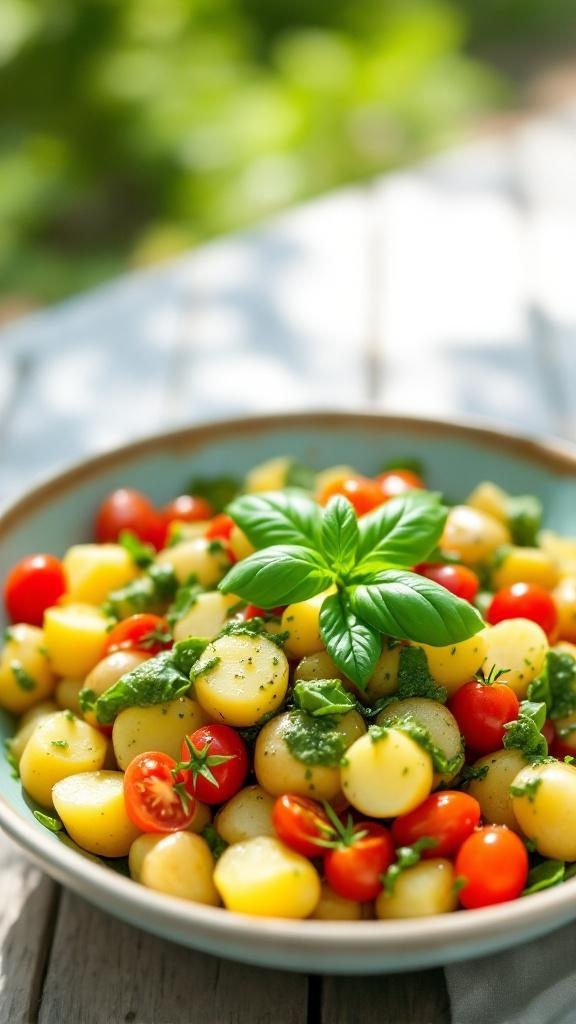 A bowl of Vegan Pesto Potato Salad with baby potatoes, cherry tomatoes, and fresh basil.